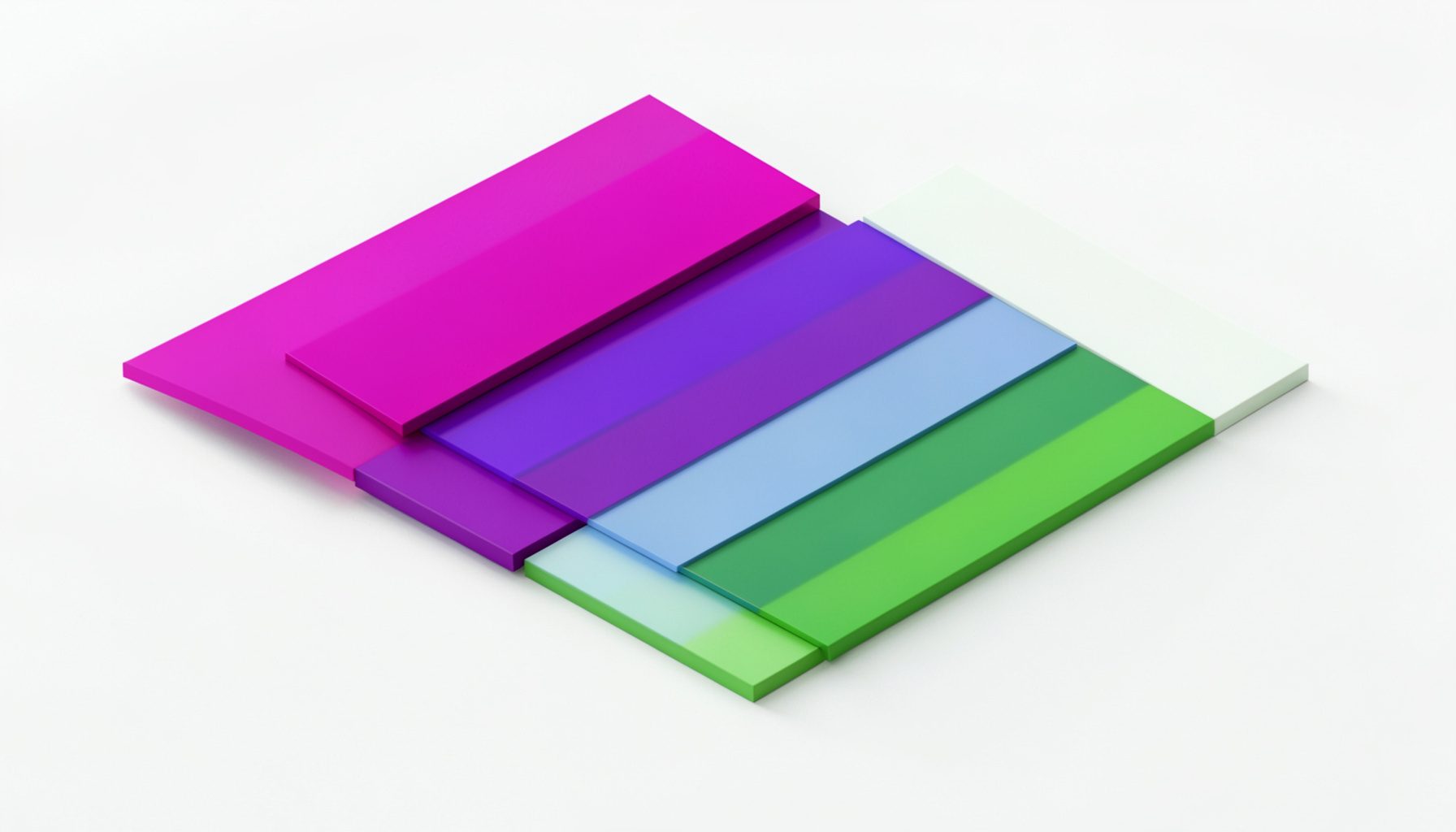 An isometric 3D render of layered geometric panels running from magenta through violet to green, sitting on a clean white surface, evoking a calm and modern mood